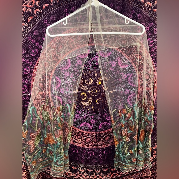 Accessories - Embroidered Sheer Scarf with Floral Design